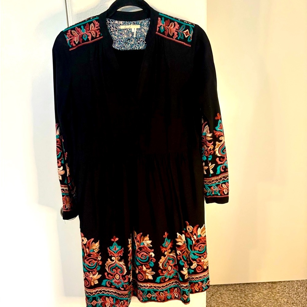 Anthropologie  Black Long Sleeve Dress with Floral Accents